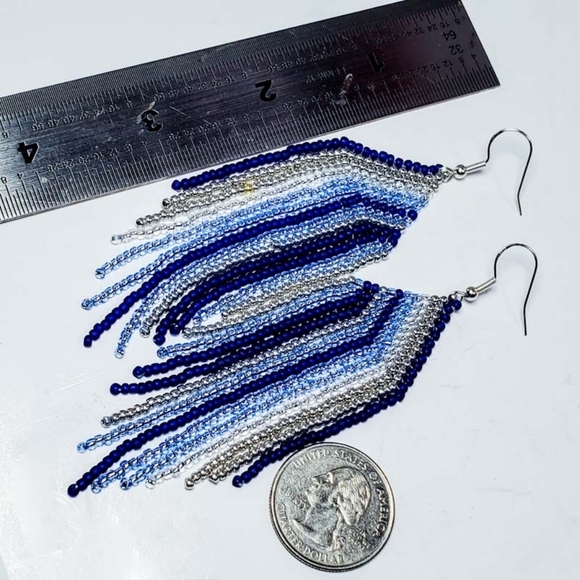 🌧 "Rain" Blue & Silver Fringe Seed Bead Earrings - Picture 6 of 6
